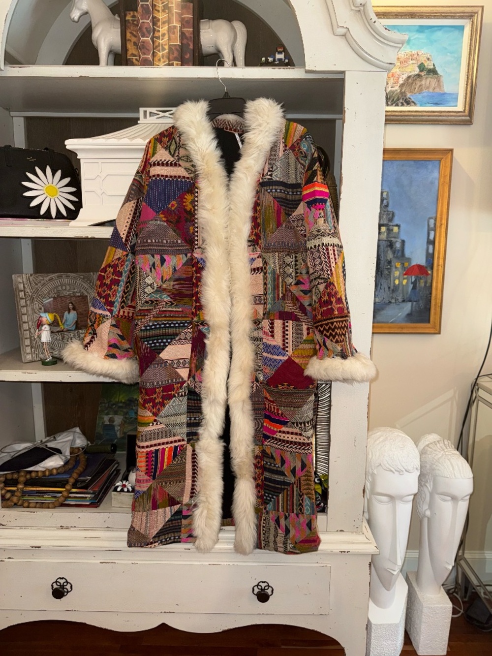 Free People Small S Caravan dream patchwork long coat faux fur trim - Picture 4 of 7